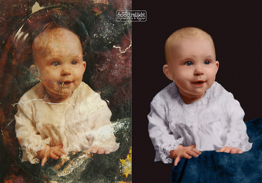 Before-and-after restoration of a flood damaged baby photo. (Restoration by SpectraLight Photography)