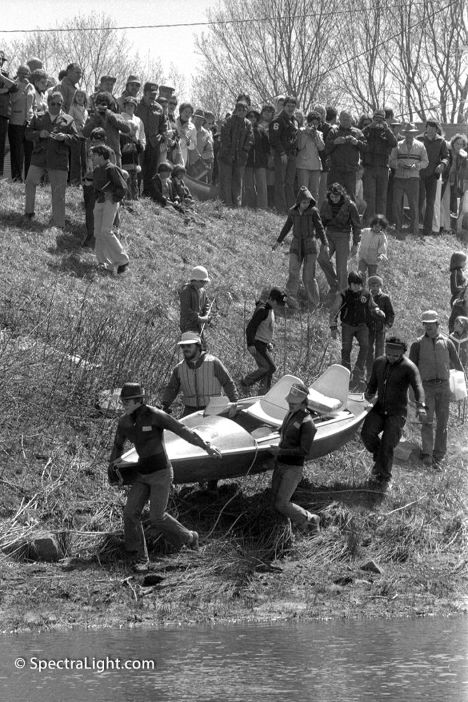 Porting of kayaks down the banks of Toby Creek in Brockway, PA on April 30, 1978. This was the start of the adventure of Bill Giovanelli, Chuck Dollard, Ron Morrison and Paul Camuso to New Orleans and the Gulf of Mexico which they completed on July, 29, 1978. (Photo: Mark Madere | SpectraLight Photography)