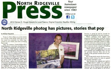 Mark Madere of SpectraLight Photography was featured on the front page of the North Ridgeville Press. SpectraLight Photography relocated to North Ridgeville from Olmsted Falls in 2006 and has served the Greater Cleveland area and Northeast Ohio since 1980. The photography studio creates family portraits, high school senior portraits, executive or business person's portraits, model and actor portfolios, Sweet 16 and Quinceañera events, glamour and boudoir photo shoots as well as photo restoration of faded and damaged pictures.