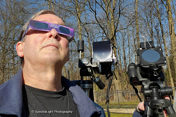 Mark Madere prepares for the April 8, 2024 solar eclipse in his back yard in North Ridgeville, Ohio by doing test shots with cameras he'll be using on "Eclipse Day."