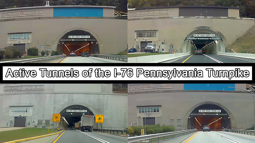 The 4 active tunnels of the I-76 Pennsylvania Turnpike: Allegheny Mountain Tunnel, Tuscarora Mountain Tunnel, Kittatinny Mountain Tunnel, Blue Mountain Tunnel. Photos by Mark Madere of SpectraLight Photography - https://spectralight.com